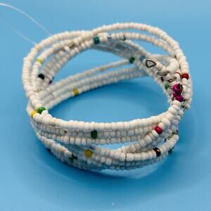 White Multicolor Multi Beads Beaded Wire Coil Braided Cuff Bracelet 6" Boho